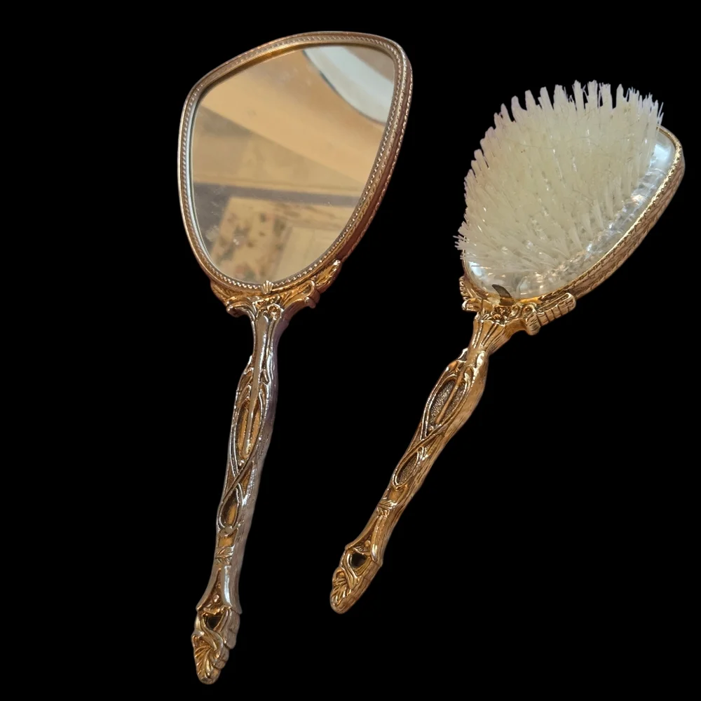 Vintage Stylebuilt Gold Plate Vanity Set Hollywood Regency Mirror & Hairbrush